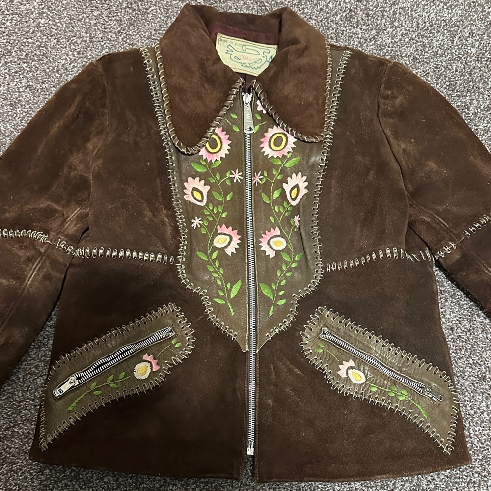 Floral Embroidered Brown Suede Jacket